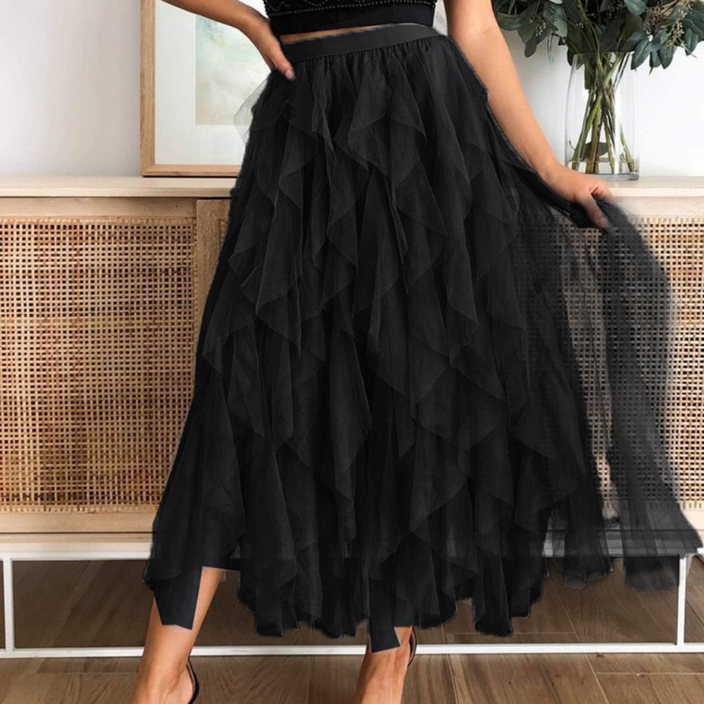 A-line Long Tulle Skirt.Black. Elastic Waist